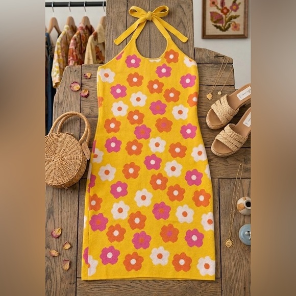 Willow & Wind Dresses & Skirts - Willow & Wind Yellow Retro Floral Knit Halter Mini Dress
